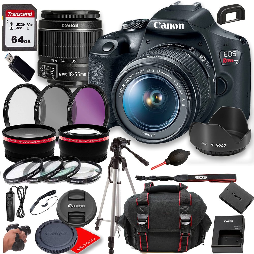 Canon EOS Rebel T7 DSLR Camera w EF-S 18-55mm F/3.5-5.6 is II Zoom Lens+ Case + 64GB Memory(28pc Bundle) (Renewed)