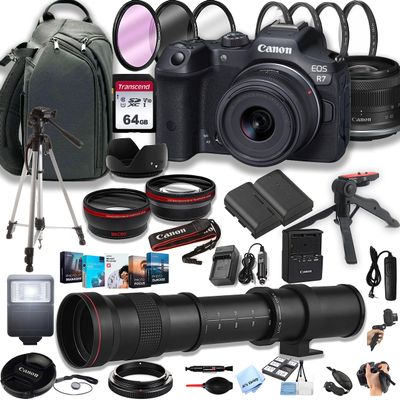 Canon EOS R7 Digital Camera with RF-S 18-45mm f/4.5-6.3 is STM Lens+ 420-800mm Super Telephoto Lens + 100S Sling Backpack + 64GB Memory Cards, Professional Photo Bundle (42pc Bundle) (Renewed)