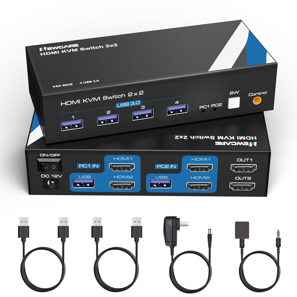 8K KVM Switch HDMI 2 Monitors 2 Computers, NEWCARE 4K 120Hz KVM Switch Dual Monitors 2 Computer with 4 USB 3.0 Port, HDMI 2.1 Switch 2 Port Support HDCP 2.3, HDR 10, RGB 8:8:8, Wired Remote Switch