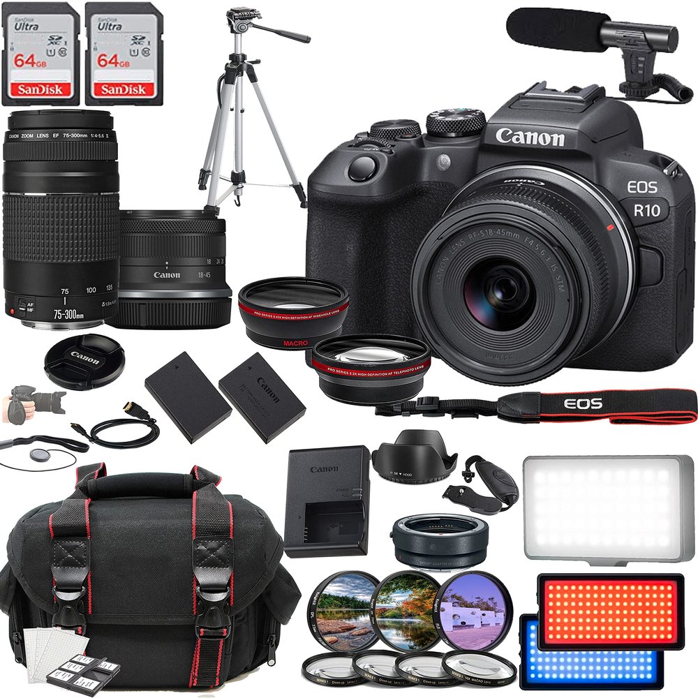 Canon EOS R10 Mirrorless Camera, Including RF-S 18-45mm f/4.5-6.3 is STM, EF 75-300mm f/4-5.6 III Lenses, 2X 64GB Memory Cards, Microphone, LED Video Light & More (35pc Bundle) (Renewed)