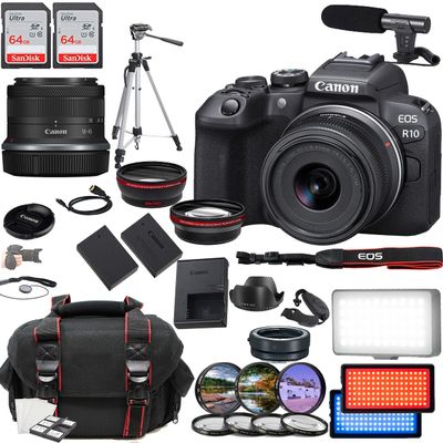 Canon EOS R10 Mirrorless Camera, Including RF-S 18-45mm f/4.5-6.3 is STM, 2X 64GB Memory Cards, Microphone, Case, LED Video Light & More (35pc Bundle) (Renewed)
