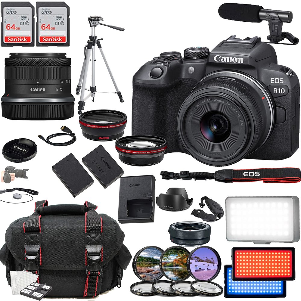 Canon EOS R10 Mirrorless Camera, Including RF-S 18-45mm f/4.5-6.3 is STM, 2X 64GB Memory Cards, Microphone, Case, LED Video Light & More (35pc Bundle) (Renewed)