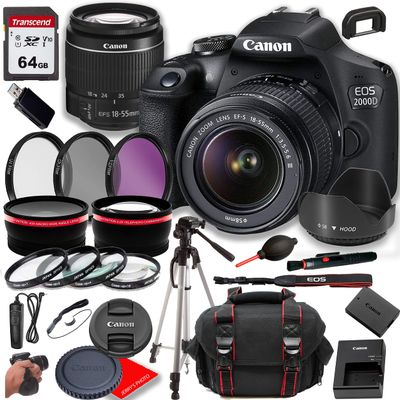 Canon EOS 2000D (Rebel T7) DSLR Camera w EF-S 18-55mm F/3.5-5.6 Zoom Lens+ Case + 64GB Memory(28pc Bundle) (Renewed)