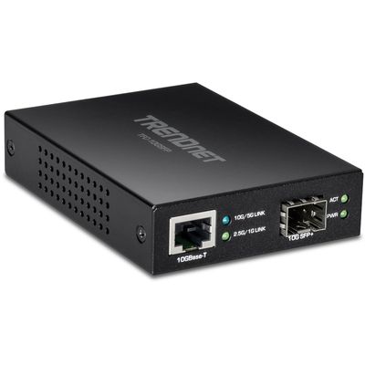 TRENDnet 10GBASE-T to SFP+ Fiber Media Converter, TFC-10GSFP, 1 x 10G RJ-45 Port, 1 x 10Gbps SFP+ Slot, NDAA & TAA Compliant, Power Adapter Included