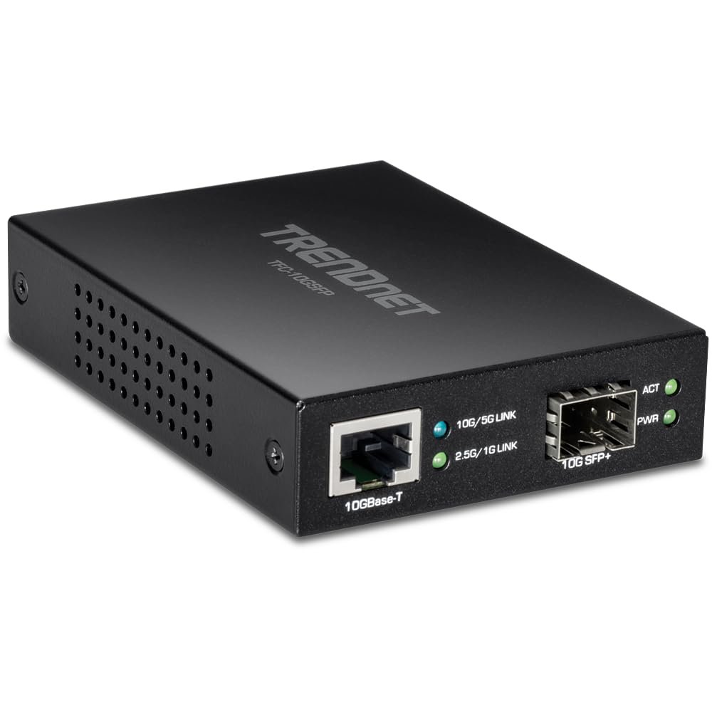 TRENDnet 10GBASE-T to SFP+ Fiber Media Converter, TFC-10GSFP, 1 x 10G RJ-45 Port, 1 x 10Gbps SFP+ Slot, NDAA & TAA Compliant, Power Adapter Included