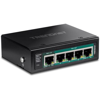 TRENDnet 5-Port Industrial Gigabit PoE++ Powered DIN-Rail Switch with PoE Pass-Through, TI-B541, Ethernet Splitter, 65W Power Budget, NDAA & TAA Compliant, Lifetime Protection, Black