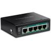 TRENDnet 5-Port Industrial Gigabit PoE++ Powered DIN-Rail Switch with PoE Pass-Through, TI-B541, Ethernet Splitter, 65W Power Budget, NDAA & TAA Compliant, Lifetime Protection, Black view 1