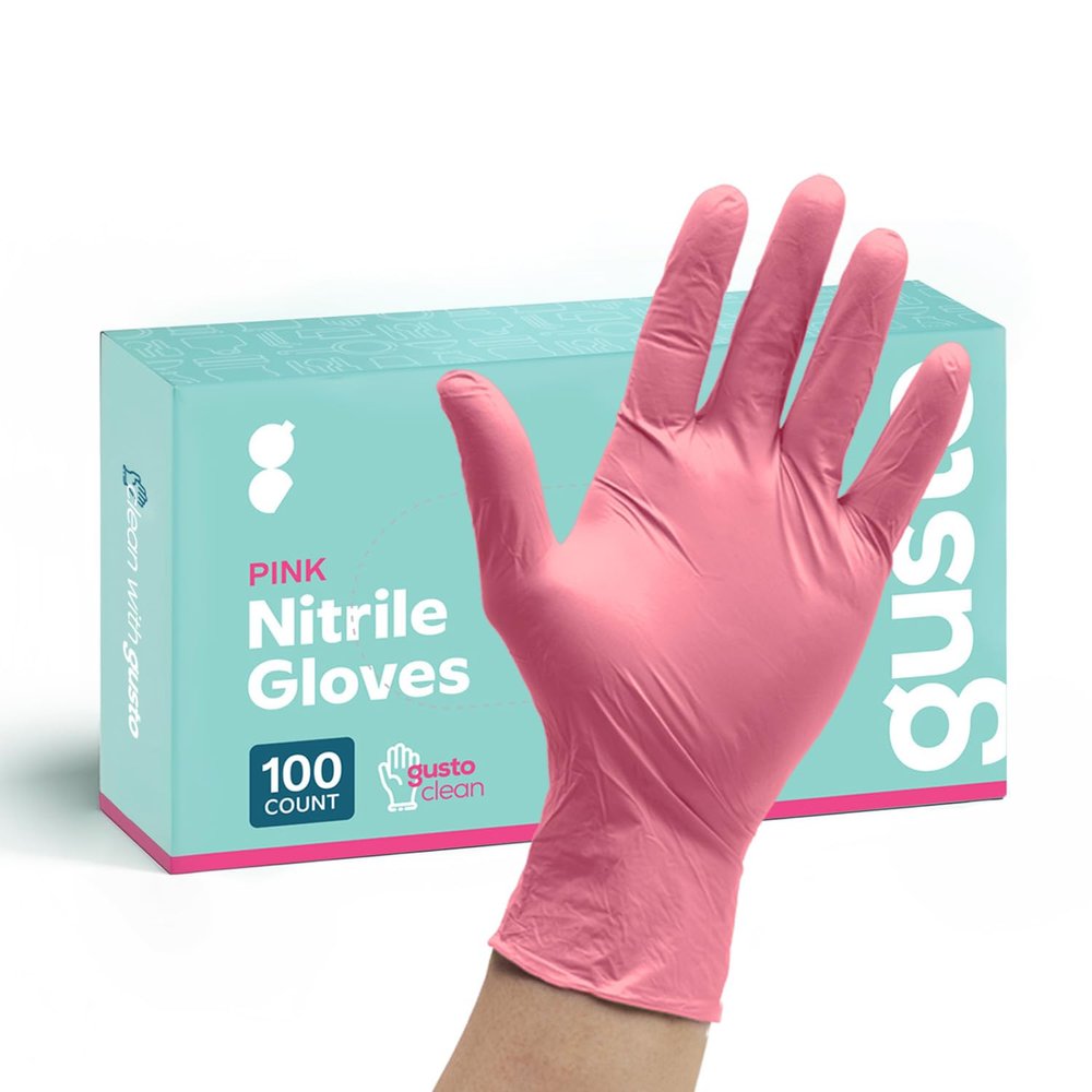 GUSTO Pink Nitrile Disposable Gloves [100 Count] Latex & Rubber Free, Powder-Free, Non-Sterile, Food-Safe Gloves for Cleaning, Beauty & Everyday Use (Formerly Comfy Package)