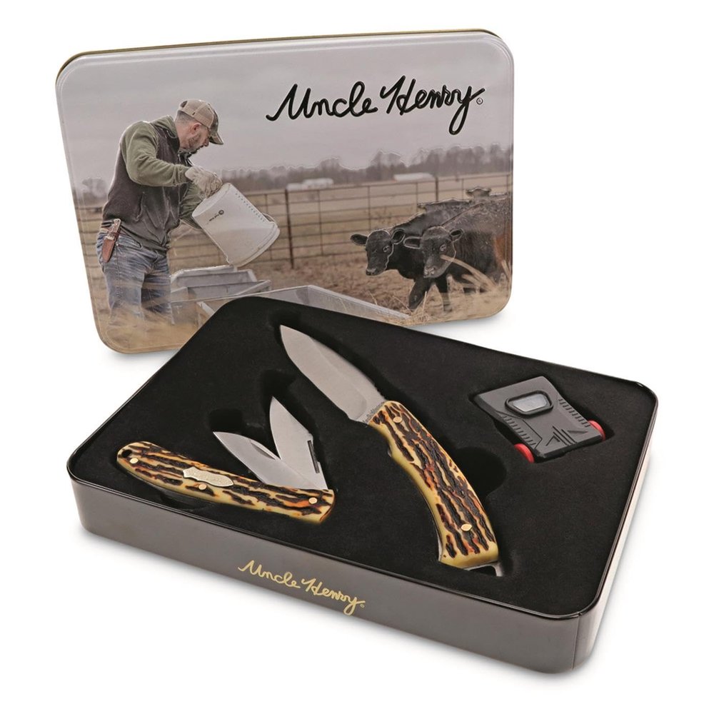Uncle Henry Fixed/Folder Gift Tin W/Hat Clip Light