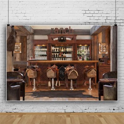 12x10ft Vinyl Western Tavern Backdrop Cowboy Wooden Counter Tables Chairs Rustic Old Bar Interior Scene Photography Background Baby Shower Birthday Party Decor Banner Backdrop Photo Studio Props