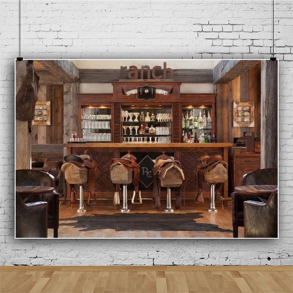 12x10ft Vinyl Western Tavern Backdrop Cowboy Wooden Counter Tables Chairs Rustic Old Bar Interior Scene Photography Background Baby Shower Birthday Party Decor Banner Backdrop Photo Studio Props