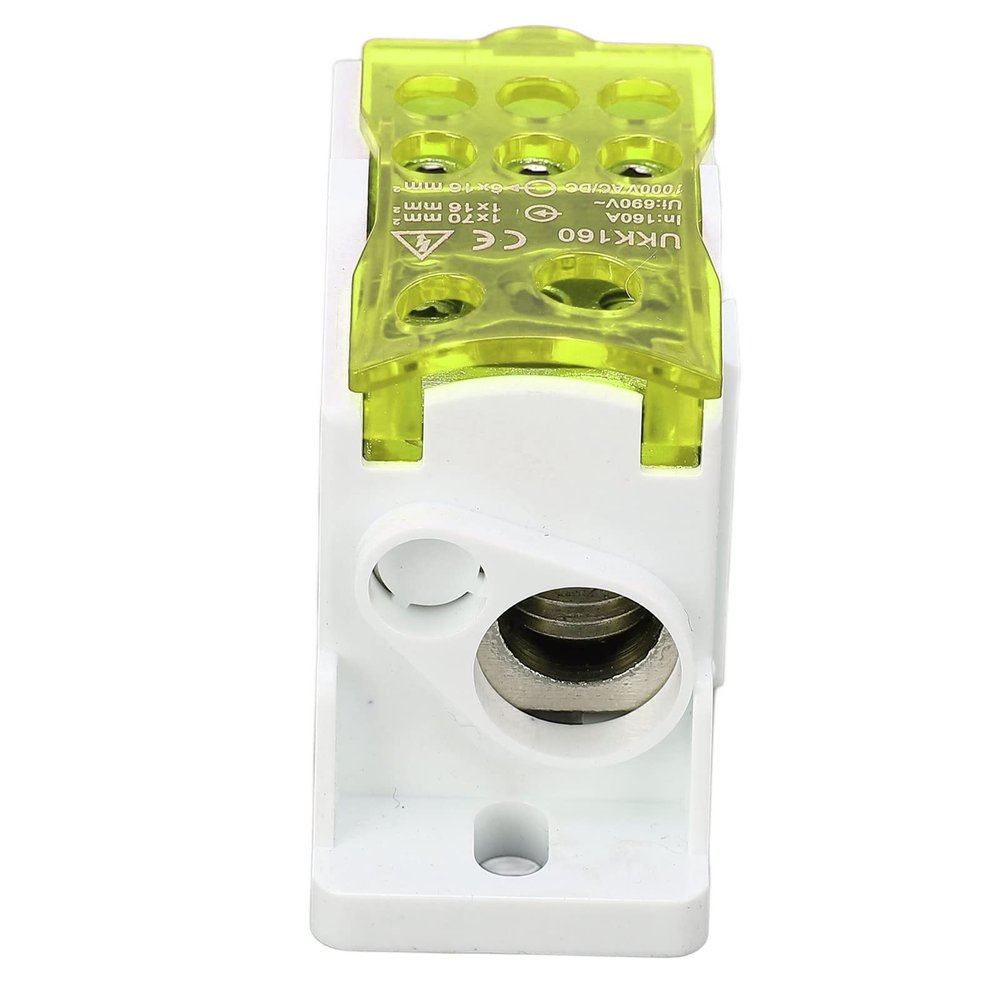DIN Rail Terminal Block, Terminal Distribution Box 690V 160A PA66 Housing High Temperature Resistant Wide Application Brass Rail Mounted Connector for (Yellow)