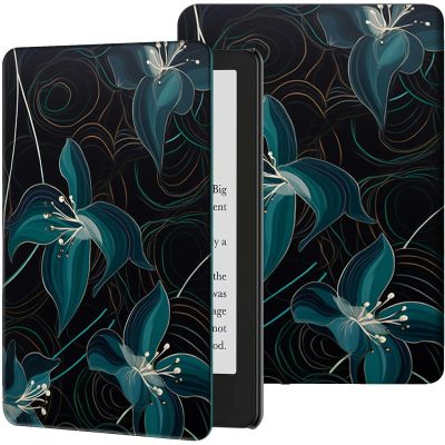 Case for 6.8" Kindle Paperwhite (11th Generation-2021) & Signature Edition PU Leather Slim Smart Cover with Auto Wake/Sleep for Kindle Paperwhite 2021 E-Reader, Blue Art Flower
