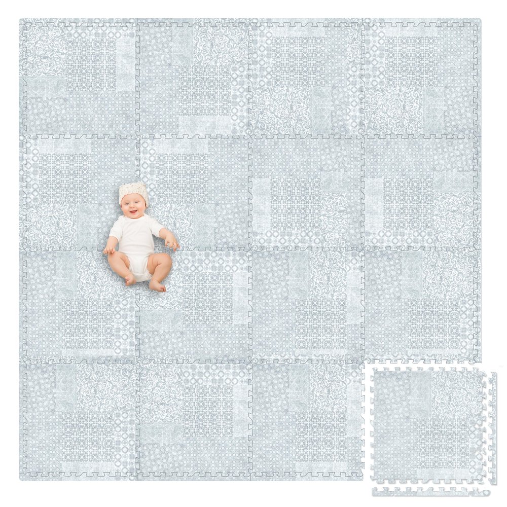 Play Platoon Non-Toxic Extra-Thick Children's Play Mat, 16 Tile - 96 x 96 inch Comfortable Cushiony Foam Floor Puzzle Mat for Kids & Toddlers with 24 x 24 inch Tiles - Grey, Boho Modern