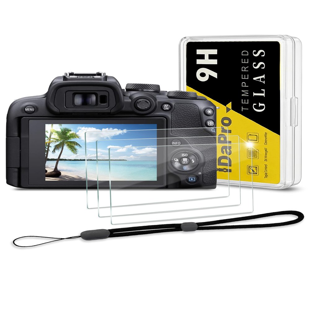 iDaPro Screen Protector for Canon EOS R50 V R50V/EOS R100 /EOS R10 + Hand Lanyard [3+1 Pack] Tempered Glass,9H Hardness,Anti-Scratch,Anti-Bubble,Easy Installation