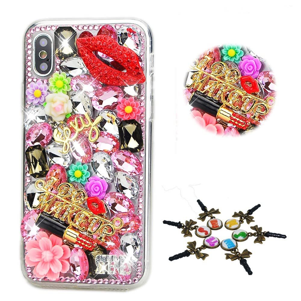 STENES Sparkle Case Compatible with Nokia G100 Case - Stylish - 3D Handmade Bling Lips Lipstick Flowers Rhinestone Crystal Diamond Design Girls Women Cover - Pink