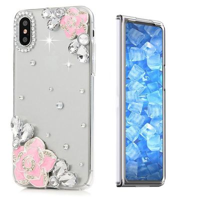 STENES Sparkle Case Compatible with Samsung Galaxy Z Fold 2 5G Case - Stylish - 3D Handmade Bling Flower Floral Rhinestone Crystal Diamond Design Girls Women Cover - Pink