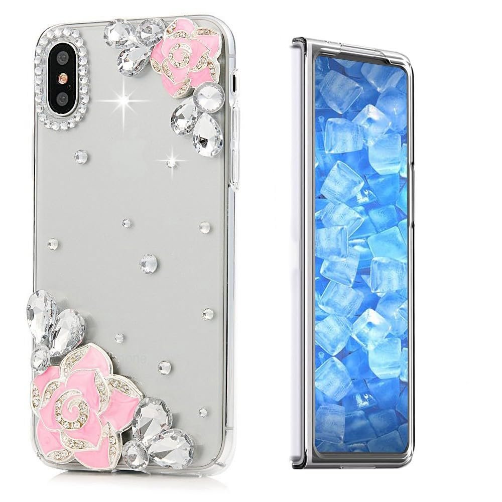 STENES Sparkle Case Compatible with Samsung Galaxy Z Fold 2 5G Case - Stylish - 3D Handmade Bling Flower Floral Rhinestone Crystal Diamond Design Girls Women Cover - Pink