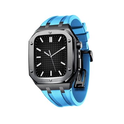 TPUOTI For Apple Watch Band 45mm 44mm With Silicone Strap Shockproof Bumper for iWatch Series 7/SE/6/5/4 Business casual style watch Strap Men Women Military Metal case(Black Sky blue,45MM FOR 7)