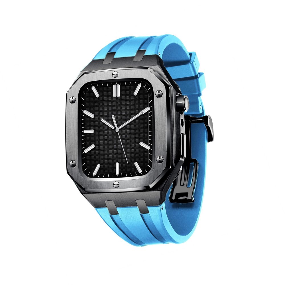 TPUOTI For Apple Watch Band 45mm 44mm With Silicone Strap Shockproof Bumper for iWatch Series 7/SE/6/5/4 Business casual style watch Strap Men Women Military Metal case(Black Sky blue,45MM FOR 7)