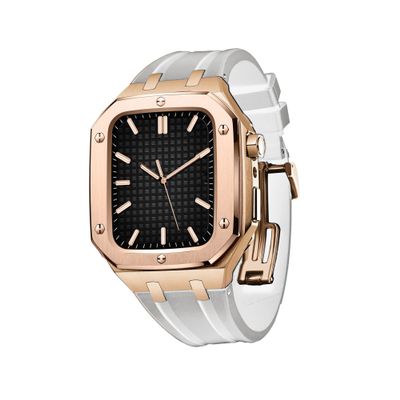 TPUOTI Men Women Silicone Strap Shockproof Bumper Military Metal case For Apple Watch 45mm 44mm Mod Kit Accessories Metal Protective Cover Case With Silicone Strap (Color : Rose White, Size : 44MM F
