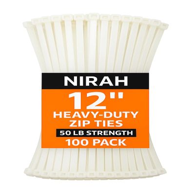 12 inch Zip Ties Clear White, 50 Lbs Tensile Strength, UV resistant, Self-locking, Multi-purpose Nylon Cable Ties, Wire Ties, Tie Wraps for Professionals, Office, Home, Cable Management by Nirah