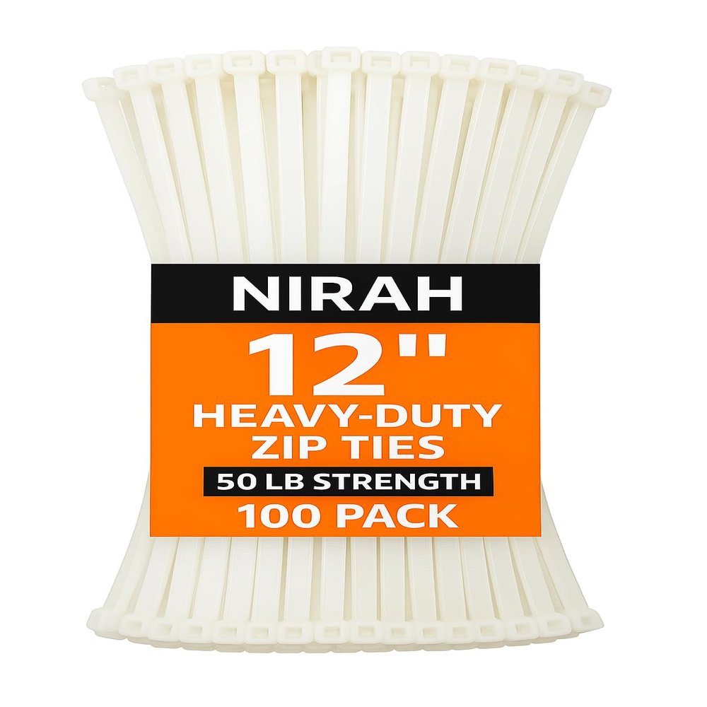 12 inch Zip Ties Clear White, 50 Lbs Tensile Strength, UV resistant, Self-locking, Multi-purpose Nylon Cable Ties, Wire Ties, Tie Wraps for Professionals, Office, Home, Cable Management by Nirah