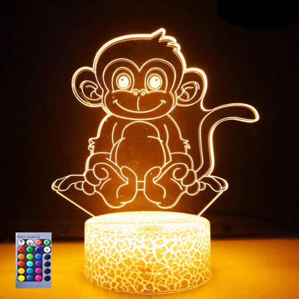 Jinnwell 3D Monkey Night Light Lamp Illusion 16 Color Changing Table Desk Decoration Lamps Gift with Acrylic Flat ABS Base USB Cable Toy