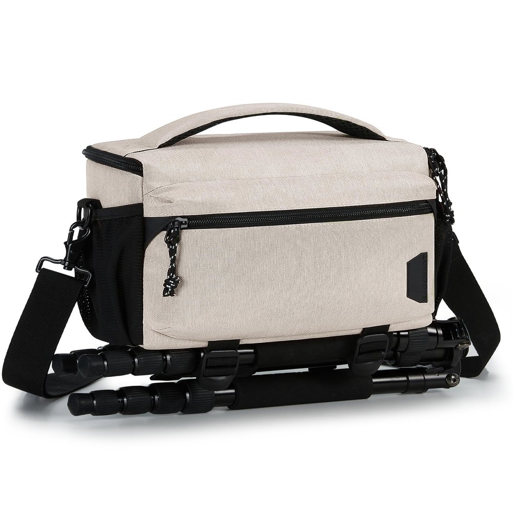 BAGSMART Small Camera Sling Bag for Photographers, Compact Camera Shoulder Bags for DSLR/SLR/Mirrorless Cameras, Waterproof Crossbody Camera Case with Tripod Holder, Ivory White