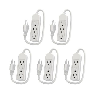 ISLECORD 5-Pack Power Strip 3 Prong Outlet - Slim White 3 Grounded Outlets 1ft Heavy Duty Extension Power Cord Power Strip Ideal for Computer/Phone/Home/Office (13A/125V/1625W/ETL Listed)
