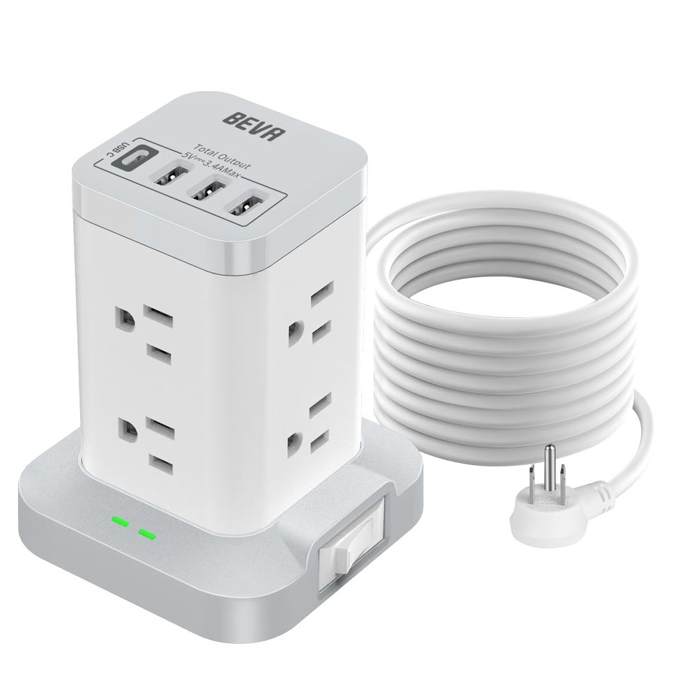 BEVA Surge Protector Tower with 8 AC & 4 USB(USB-C) Ports, 6.5 FT Extension Cord - Charging Station for Office & Dorm Room