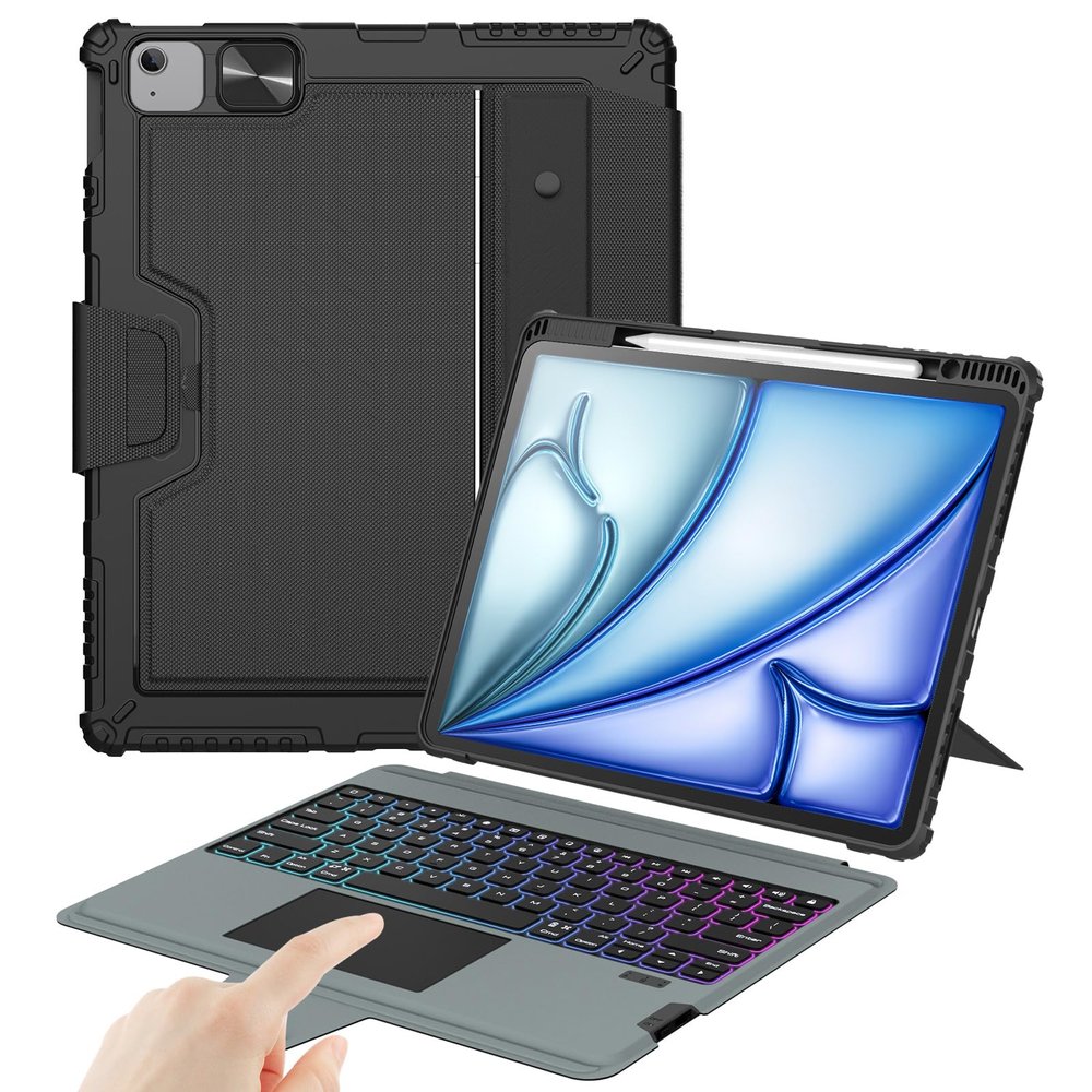 Nillkin Keyboard Case for iPad Air 13-inch (M3 2025/M2 2024), iPad Pro 12.9-inch (6th/5th/4th/3rd Gen) Rugged Case with Detachable Keyboard, Magic Trackpad, 7-Color Backlit, Portrait/Landscape, Black
