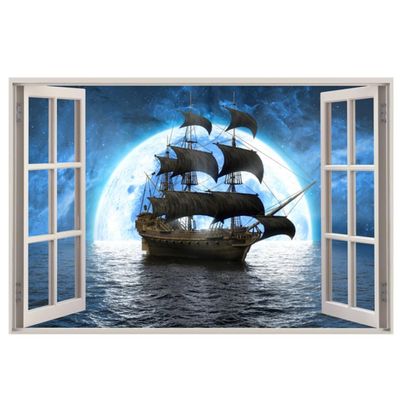 3D Pirate Ship Fake Windows Wall Sticker,Removable Ocean Sea Window View Ship in Moonlight Faux Windows Wall Decals for Kids Bedroom Living Room Decoration,23.6"x17.3"