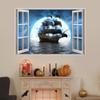 3D Pirate Ship Fake Windows Wall Sticker,Removable Ocean Sea Window View Ship in Moonlight Faux Windows Wall Decals for Kids Bedroom Living Room Decoration,23.6"x17.3" view 3