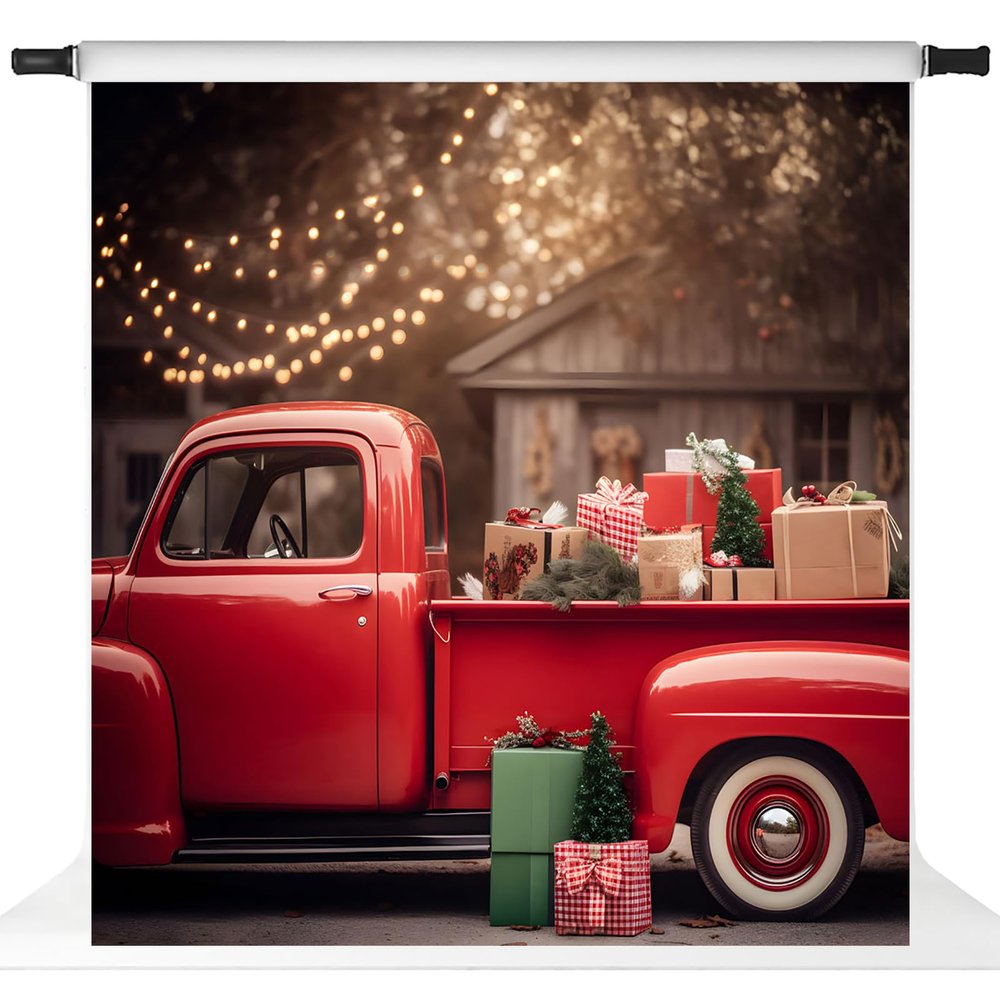 Christmas Red Truck Backdrop for Photography, Christmas Party Decoration Background Children Family Holiday Decor Banner 10x10ft