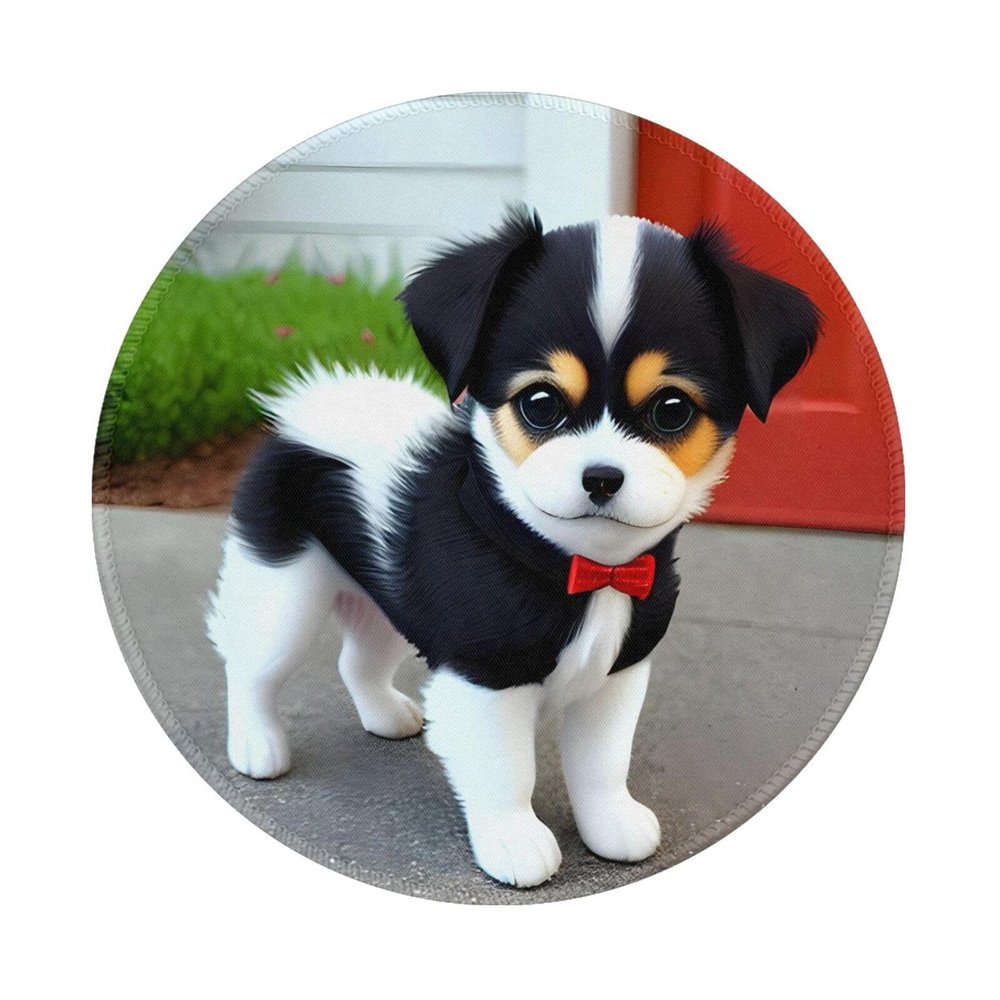 Black and White Puppy Round Mouse pad 8in, 100% Polyester Fabric, Bottom 3mm Rubber pad, Office, Games, Learning, for Desktop, Laptop, Personal Computer, Console, etc.
