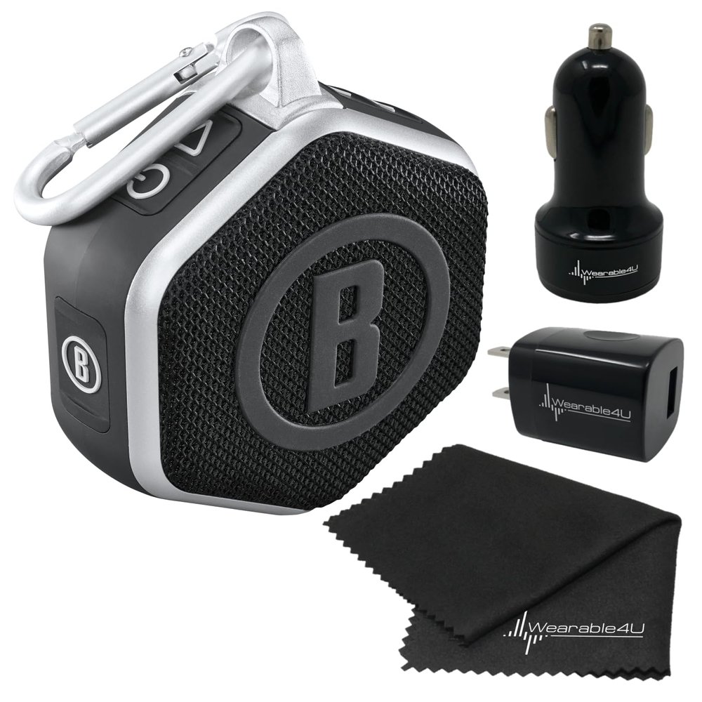 Wearable4U - Bushnell Wingman Mini Black/Silver GPS Bluetooth Speaker with Cleaning Cloth and Wall/Car Chargers Bundle