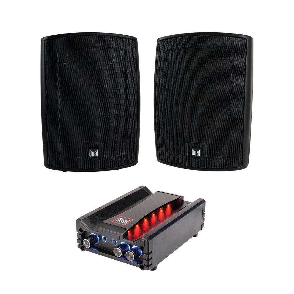 Dual Electronics LU63PB Black 3-Way High Performance Outdoor Indoor Speakers DBTMA100 Black Micro Wireless Bluetooth 2 Channel Stereo Class-D Amplifier