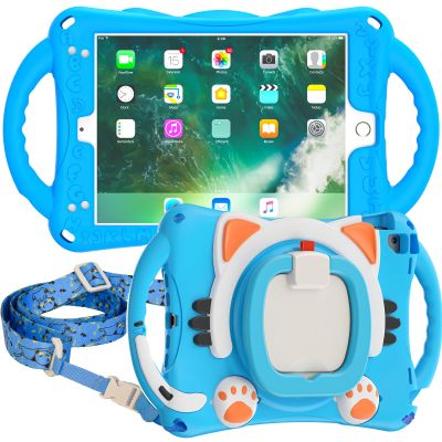 Coque Enfants Pour iPad 9,7 Pouces (6me/5me Gnration, 2018/2017), Antichoc & Robuste Mignon Coque avec Support Rotatif 360 + Poigne + Bandoulire,Light Blue