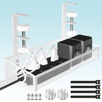 Under Desk Cable Management Tray White, No Drill Desk Cable Management Organizer with Clamp for Desk Wire Management, PC Cord Organizer Accessories & Workspace Organizers for Office, Home