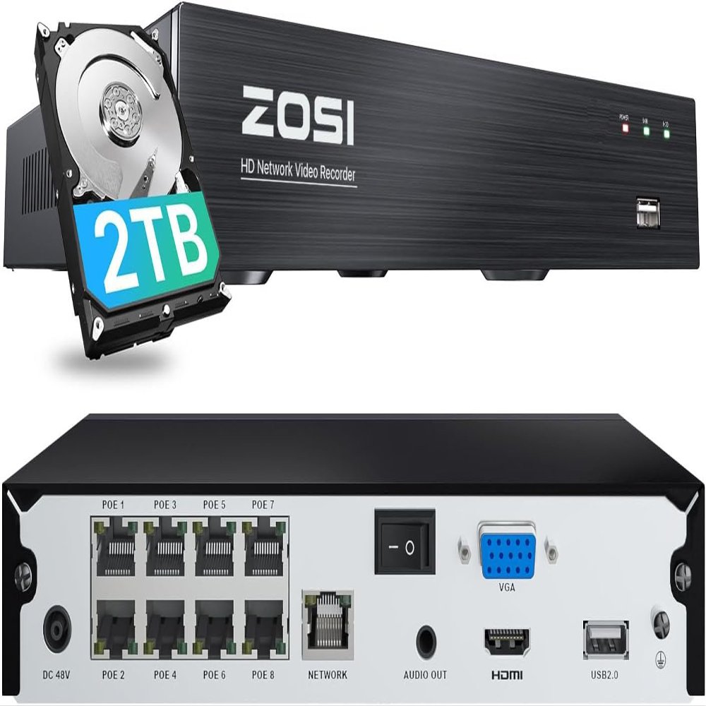 ZOSI 4K 8CH PoE NVR, H.265+ 8 Ports 16 Channel 8MP Network Video Recorder for Home Surveillance System, Pre-Installed 2TB Hard Drive, 24/7 Recording, Only Work with 4K/5MP/3MP HD ZOSI PoE Cameras