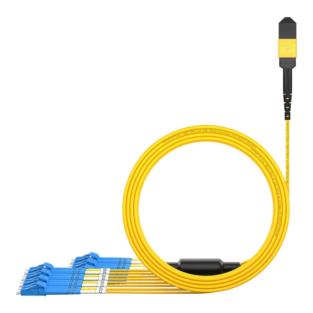 AMPCOM MPO to LC Breakout Cable 9/125m Singlemode OS1/OS2(24 Fiber,MPO to LC, Type B, LSZH/Riser, UPC, Yellow) 25m (242ft)