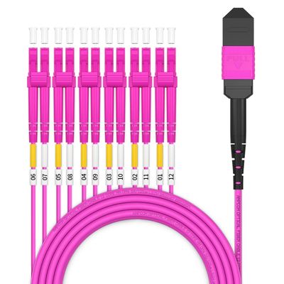 AMPCOM MPO to LC Breakout Cable 50/125m MultiMode OM4(24 Fiber,MPO to LC, Type B, LSZH/Riser, UPC, Magenta) 1m (3ft)
