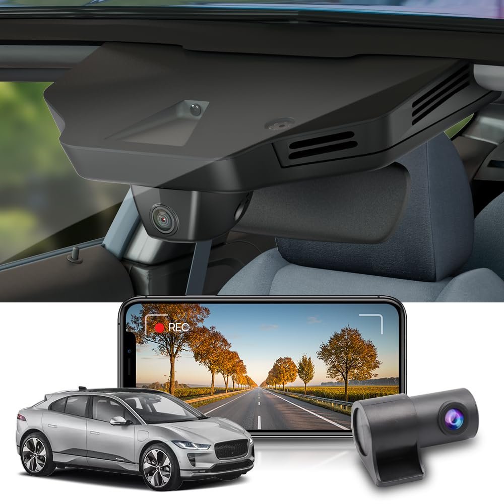 Fitcamx 2K Dual Dash Cam Suitable for Jaguar I-PACE EV400 S SE HSE 2019 2020 2022 2023, OEM Factory Style, Front 1440P+Rear 1080P Video, Built-in WiFi, Loop Recording, G-Sensor, Easy to Use, 64GB Card