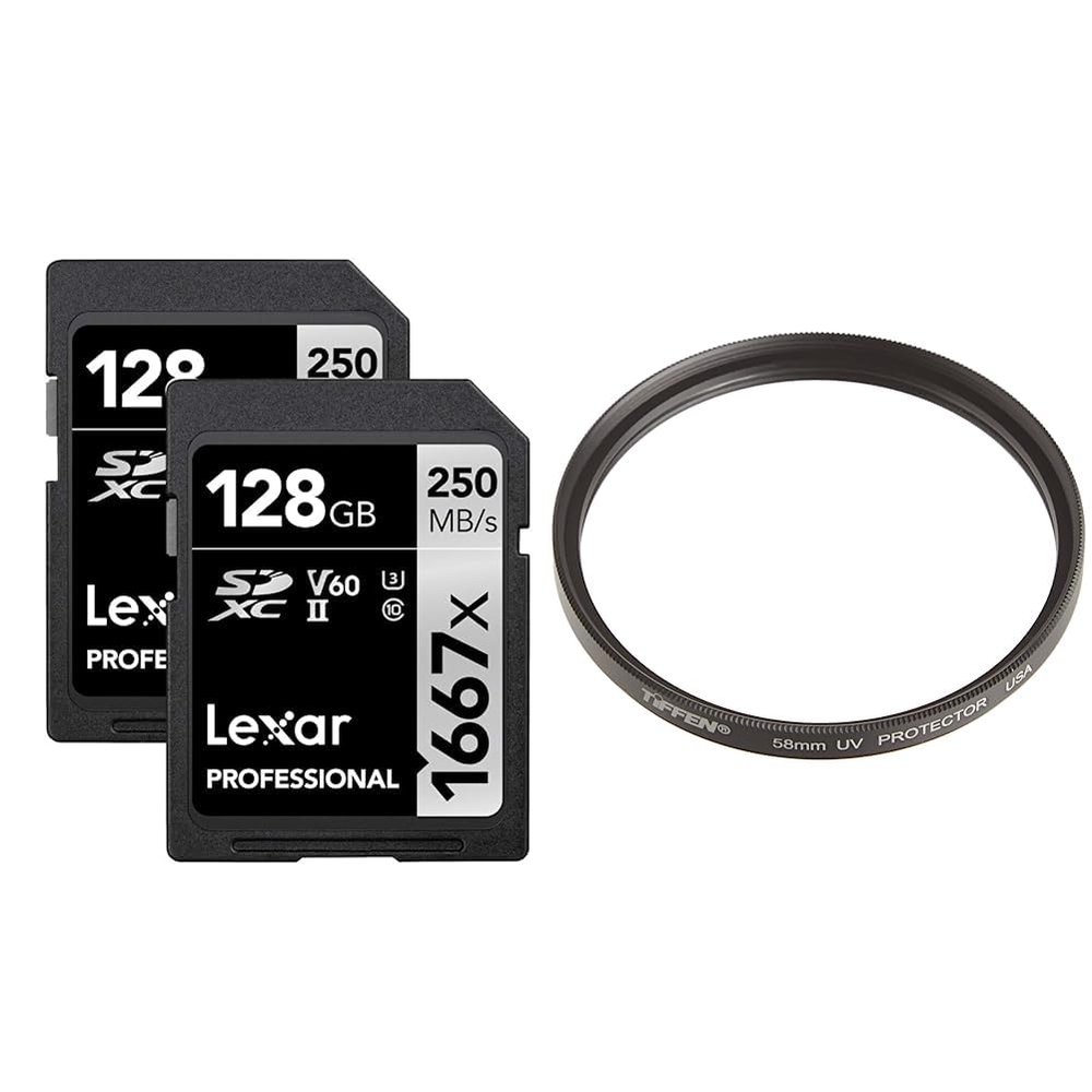 Lexar Professional 1667x 128GB (2-Pack) SDXC UHS-II Memory Cards, C10, U3, V60, Full-HD & 4K Video & Tiffen 58UVP 58mm UV Protection Filter