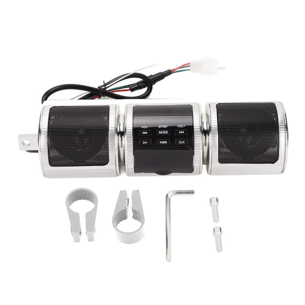 GOWENIC Bluetooth Motorcycle Stereo Speakers, Motorcycle Bluetooth Audio Sound System, Handlebar Mounted Audio Speakers with Digital Amplifier, FM Radio (Silver)