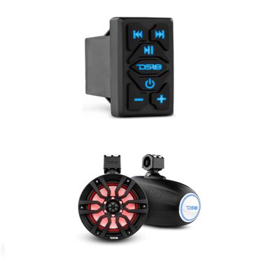 DS18 Marine Tower Speakers Bundle - Waterproof BT Audio Receiver Rocker Switch with 2X 8 Water Resistant Wakeboard Tower Speakers w/Integrated RGB LED Lights - Great for Powersports, ATV UTV & Boats