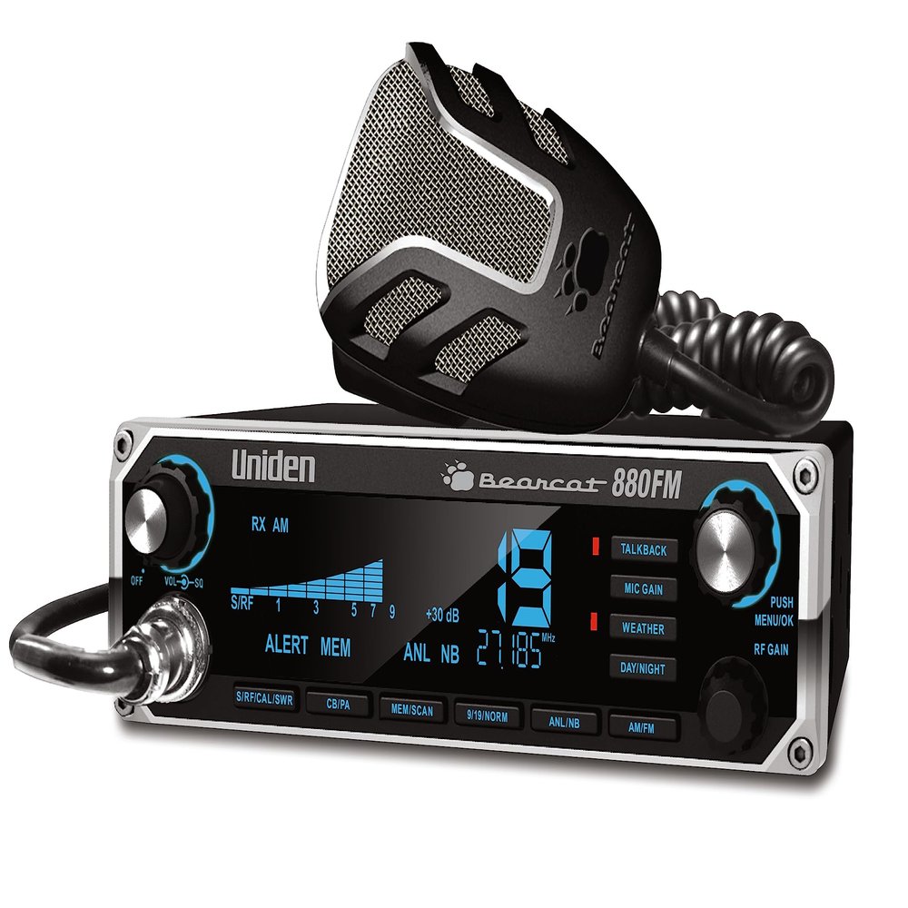 Uniden Bearcat 880FM CB Radio, 40 Channels with Dual-Mode AM/FM, Large Easy-to-Read Backlit 7-Color LCD Display, Backlit Knobs/Buttons, NOAA Weather Alert, PA/CB Switch, and Wireless Mic Compatible