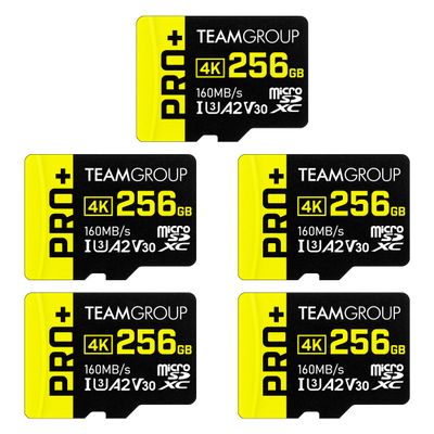 TEAMGROUP A2 Pro Plus Card 256GB x 5 Pack Micro SDXC UHS-I U3 A2 V30, R/W up to 160/110 MB/s for Nintendo-Switch, Gaming Devices, Tablets, Smartphones, 4K Shooting, with Adapter TPPMSDX256GIA2V3063