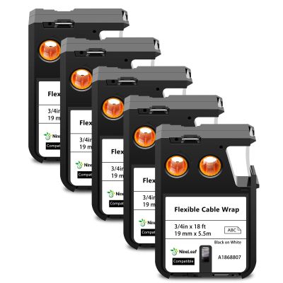 NineLeaf 5 Pack Compatible for Dymo Rhino XTL 1868807 19mm 3/4 inch Label Maker Tape Black on White Flexible Cable Wrap Labels for Rhino XTL-300 XTL-500 Label Printer